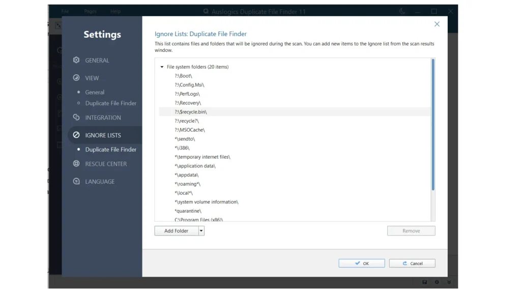 auslogics duplicate file finder ignore lists