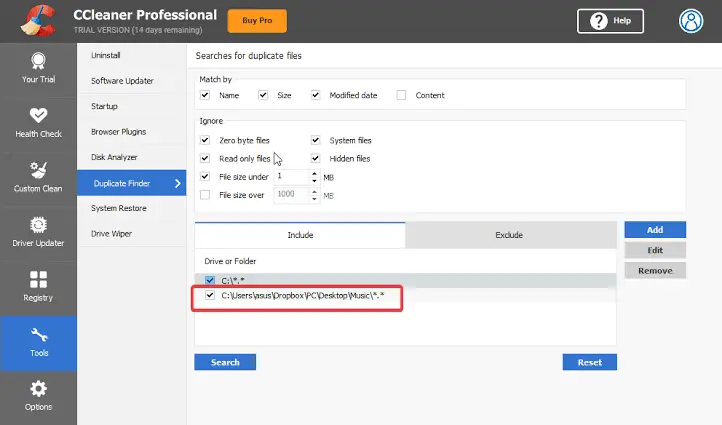 ccleaner duplicate finder include exclude folders