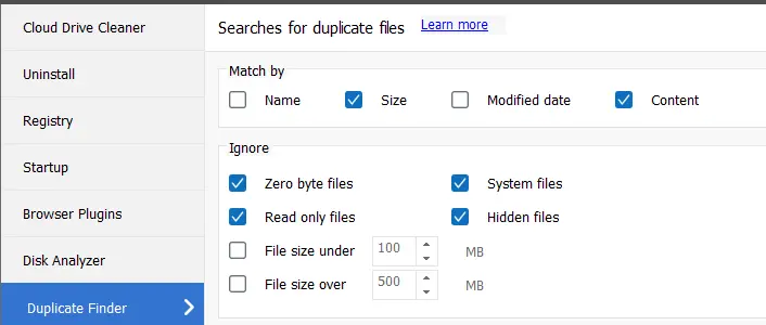 ccleaner duplicate finder match by options