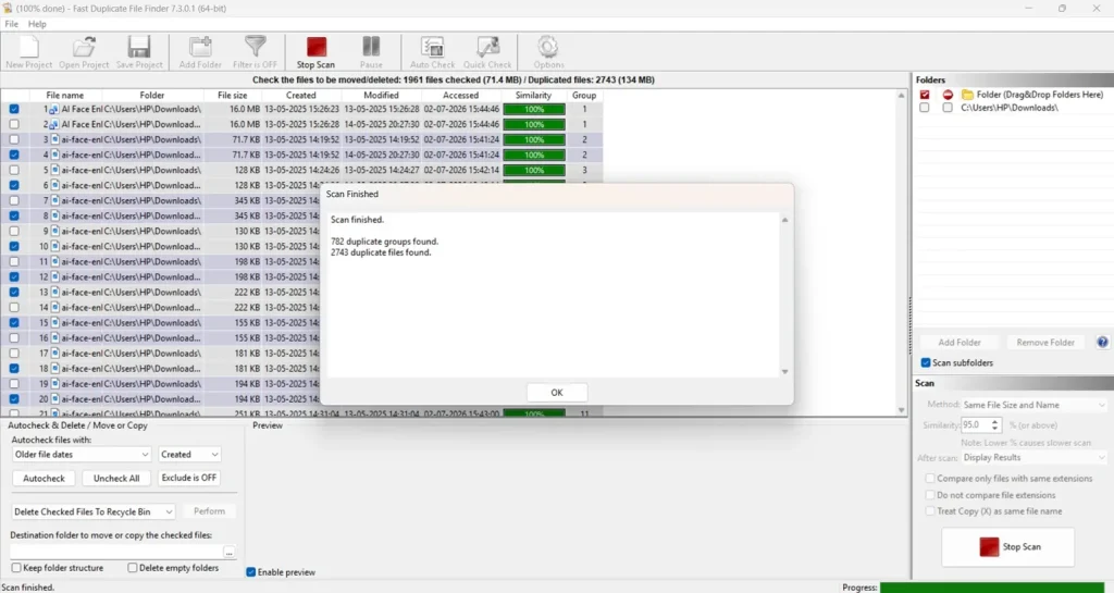 duplicate file finder pro scan results