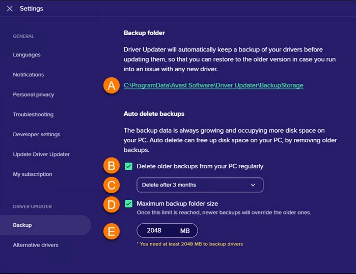 avast driver updater backup and restore