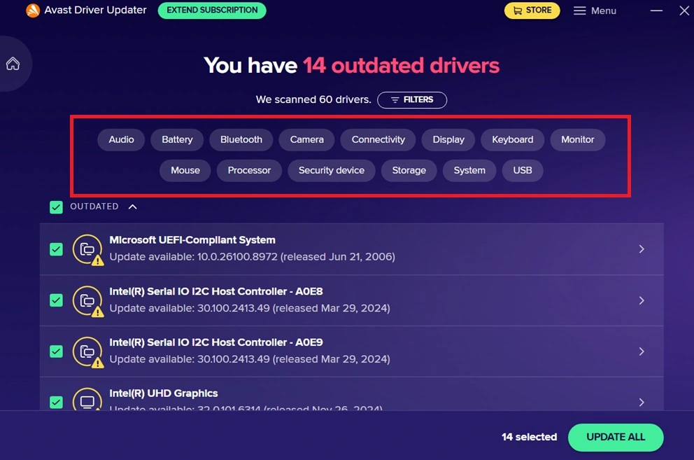 avast driver updater filter results 