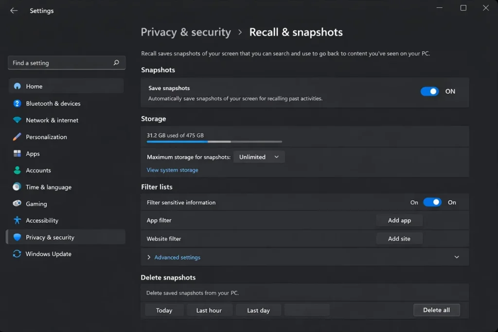 recall and snapshot feature windows pc