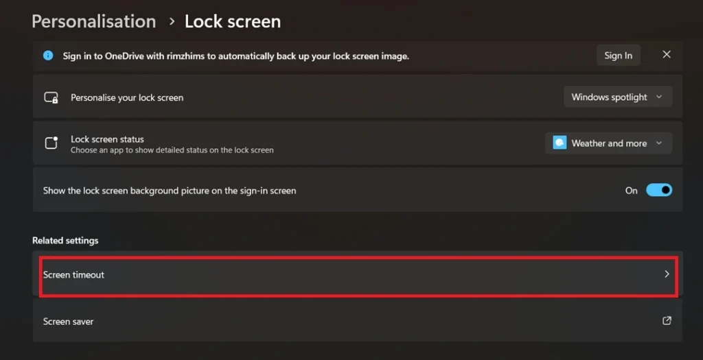 windows screen timeout settings