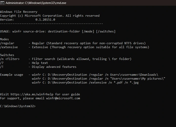 Windows file recovery interface