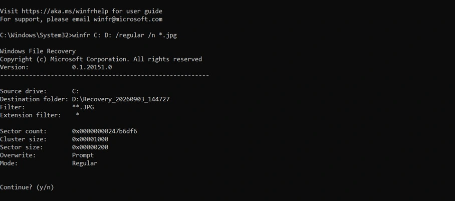 Windows file recovery run command