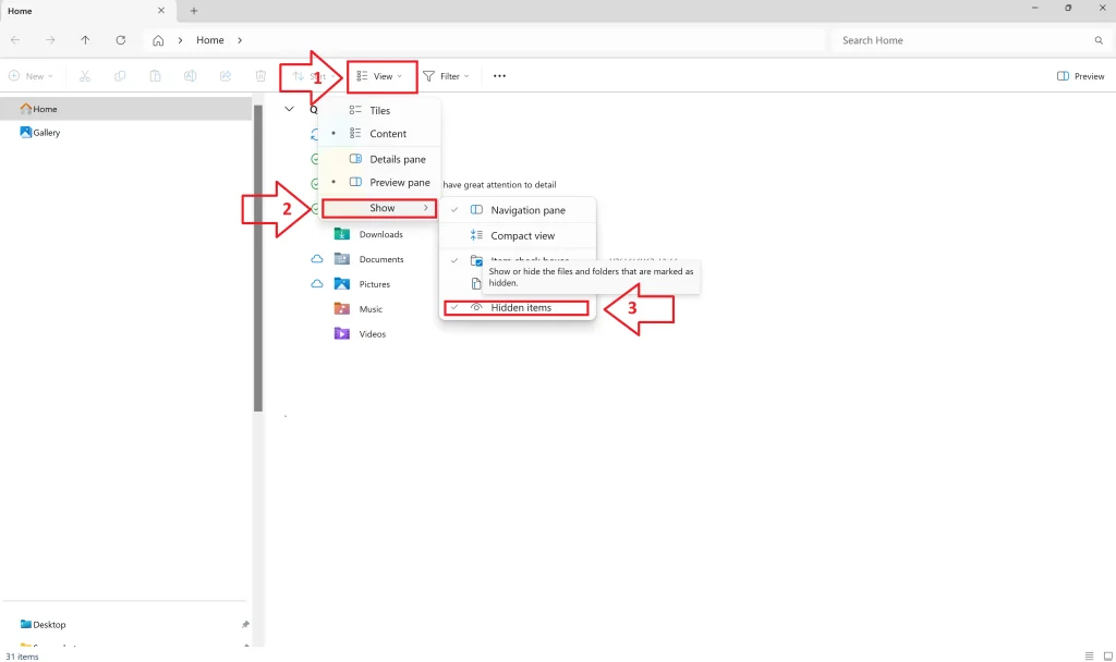 file explorer show hidden items