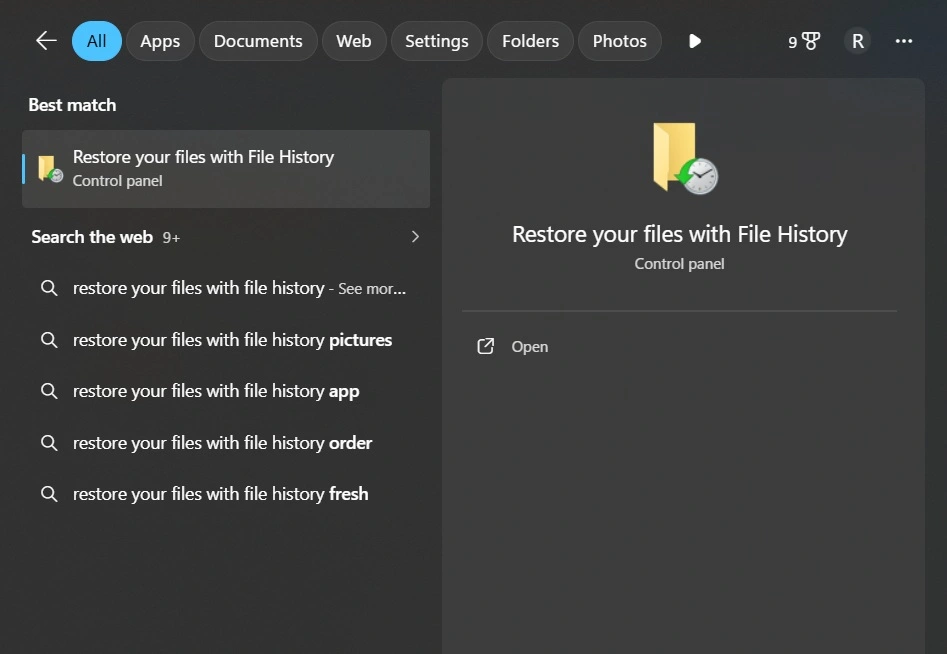 open windows file history tool