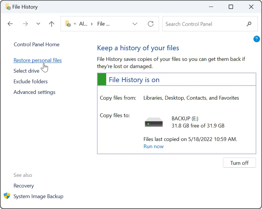 recover deleted files using file history