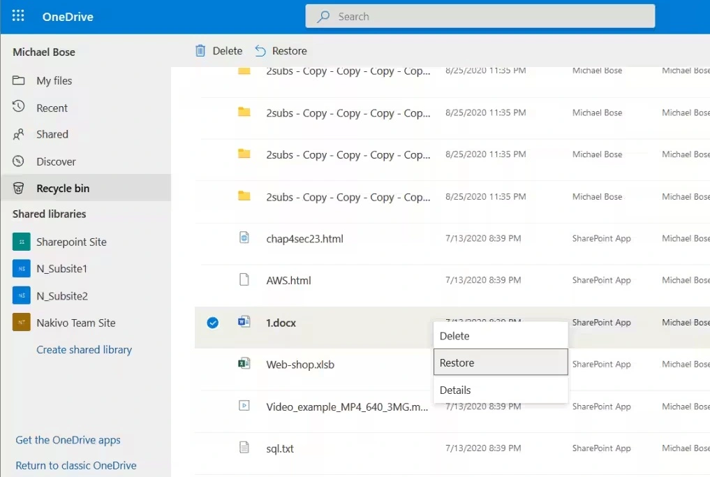 recover deleted files using one drive