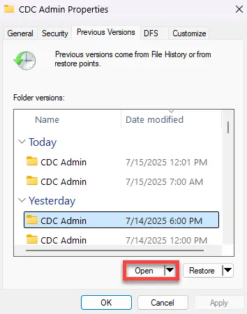 recover deleted files using previous versions