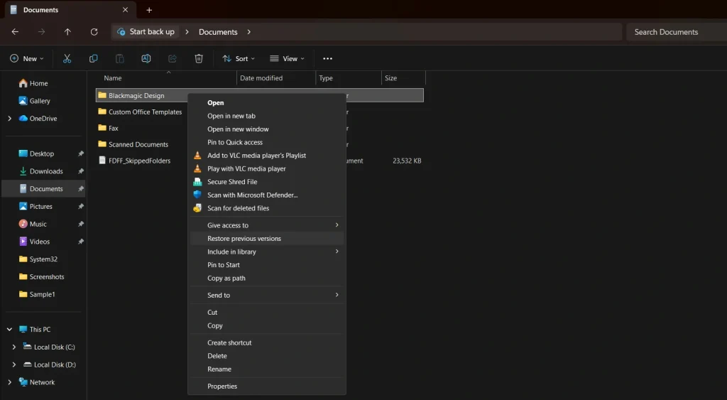 right click select restore previous versions 