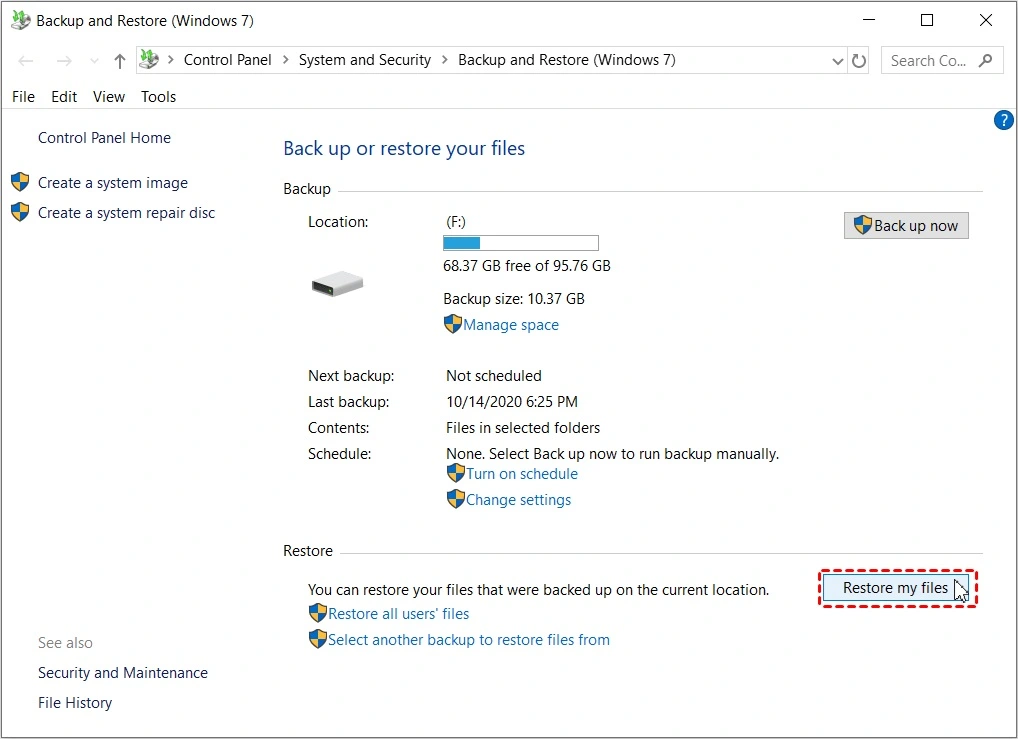 use restore my files option control panel 