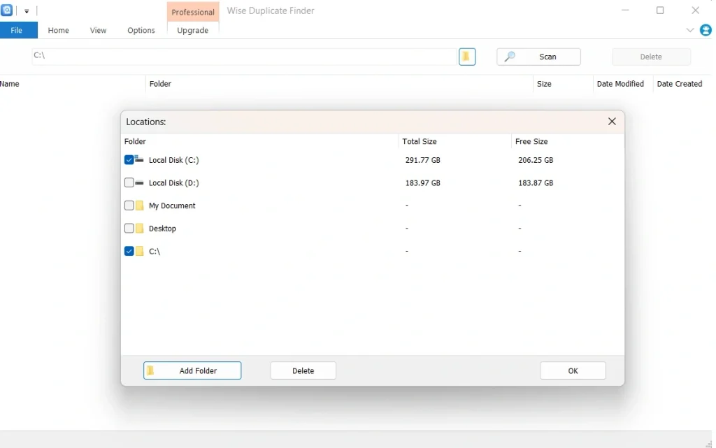 wise duplicate finder select folder to scan