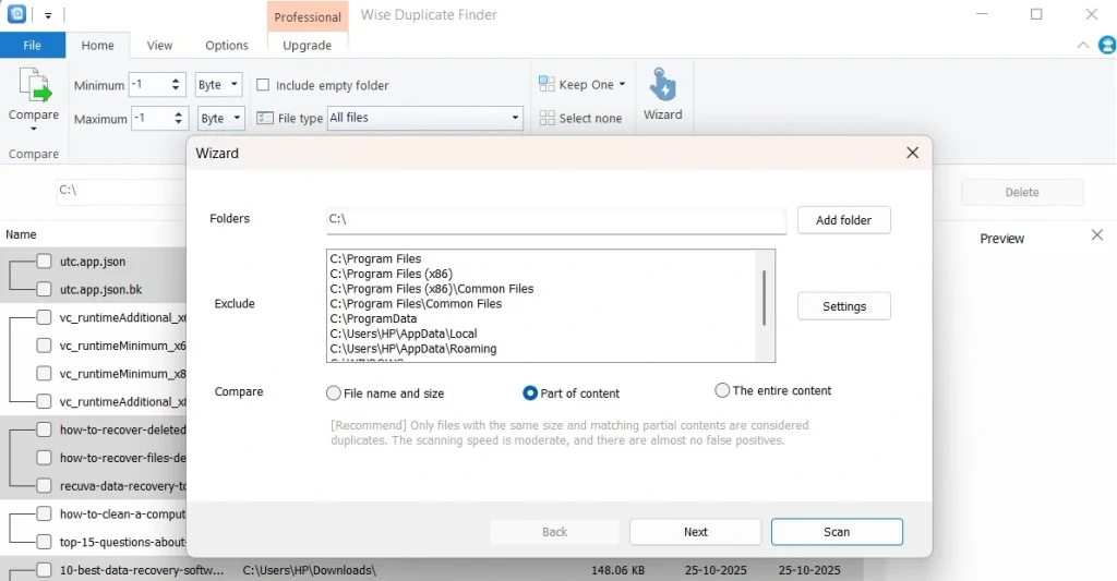 wise duplicate finder three scan options