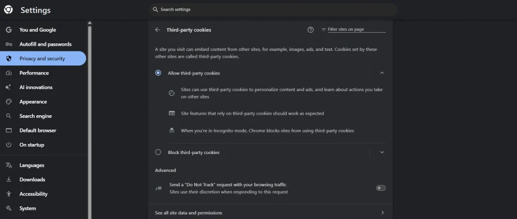 disable cookies in chrome