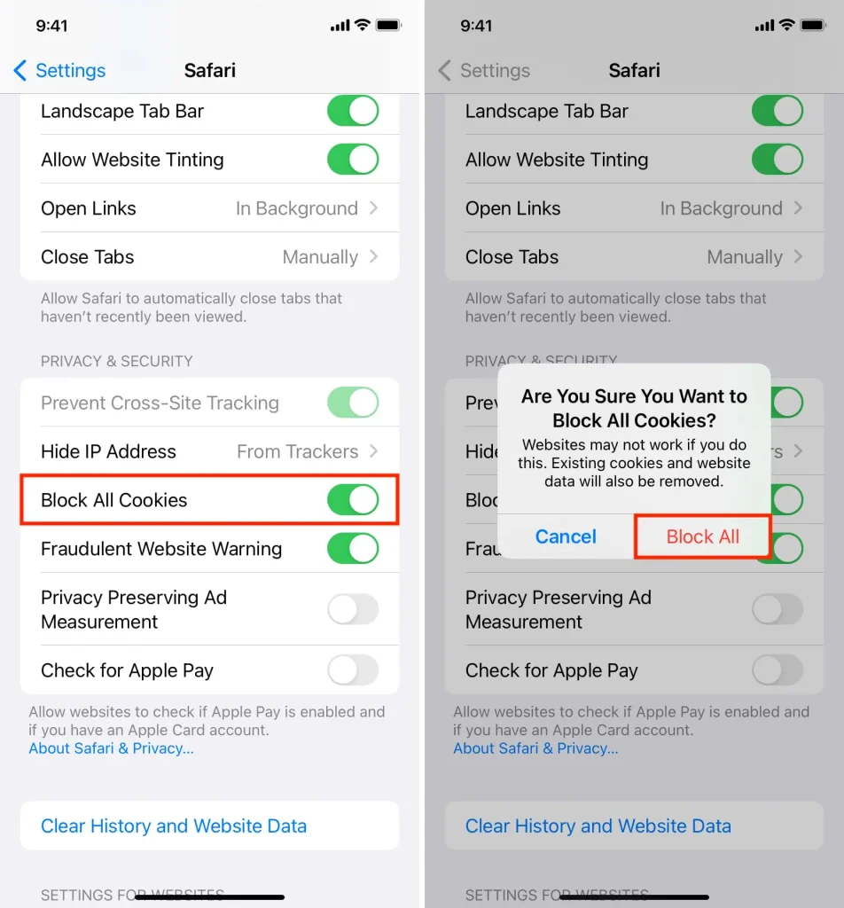 disable cookies in iphone safari browser