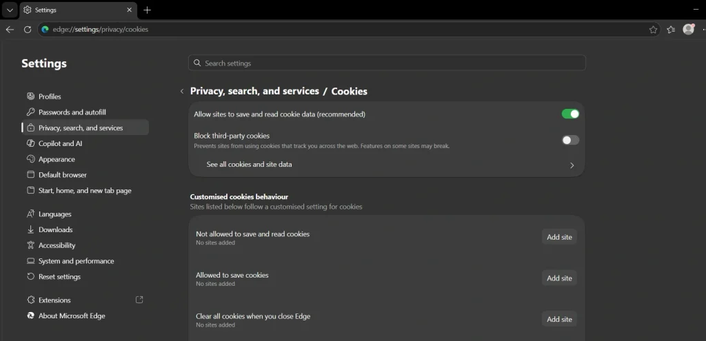 disable cookies in microsoft edge