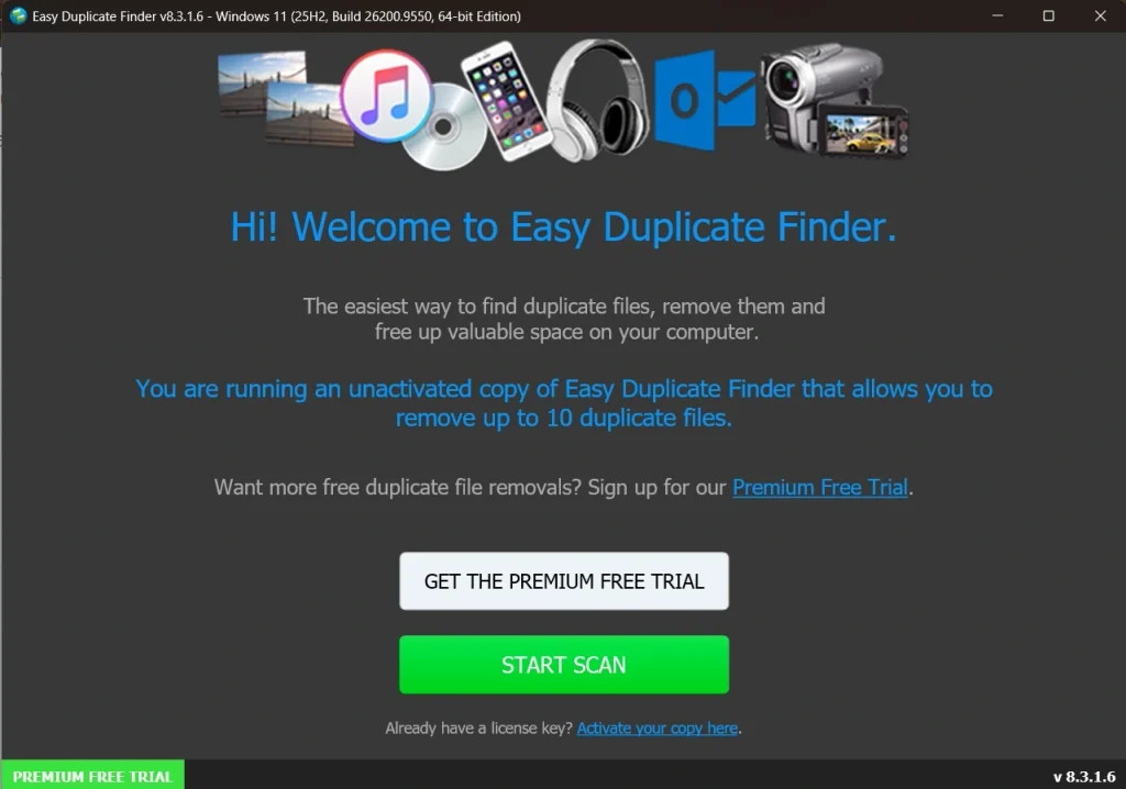 easy duplicate finder start scan screen