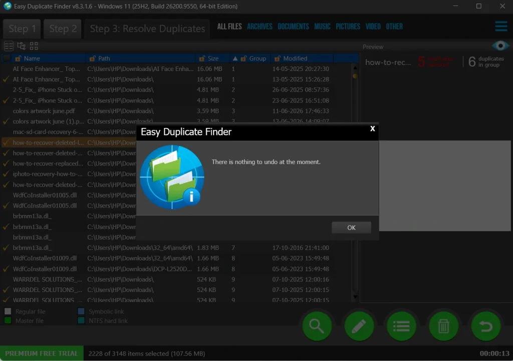 easy duplicate finder undo and move options