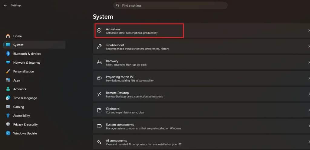 windows 11 settings activation